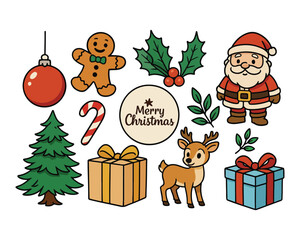 Christmas set of vector icons with tree, snowman, gift box, Santa hat, bell, and ball ornaments for winter holiday celebration and decoration