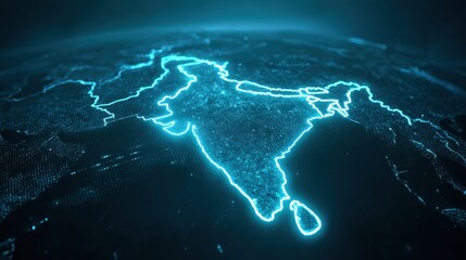 A digital rendering of the Indian subcontinent with a glowing blue outline against a dark background.