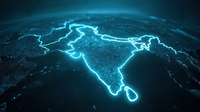A digital rendering of the Indian subcontinent with a glowing blue outline against a dark background.