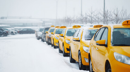 A line of yellow taxis stands ready amidst a snowy winter landscape. The scene captures the resilience of urban transportation against the backdrop of a seasonal snowstorm.