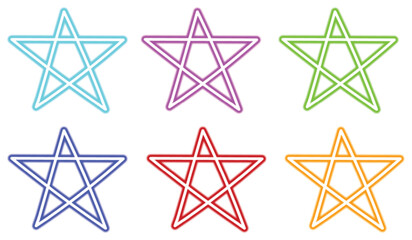 Colorful glowing neon star symbols set on png background, bright multi-colored five-pointed star shapes with light effect, of shiny neon signs collection
