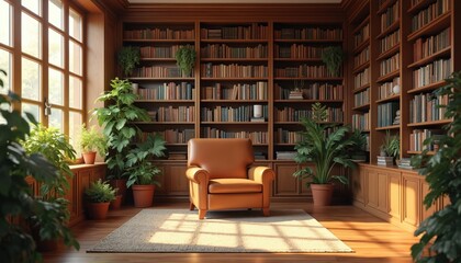 Cozy psychologist office features large library armchair plants, natural light. Interior design focuses on comfort, tranquility for therapy sessions. Calm atmosphere with books, green plants inside.