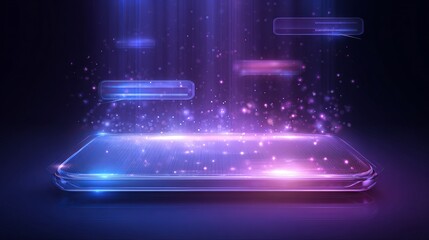 Modern glowing interface with vibrant neon lights and floating text boxes perfect for futuristic tech presentations and innovative designs