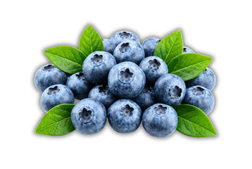Pile of Ripe Blueberries and Green Foliage on a Dark Field