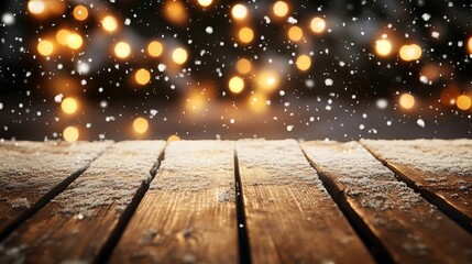 Snow-covered wooden table with twinkling lights creating a warm festive winter Christmas holiday scene with falling snow and cozy atmosphere