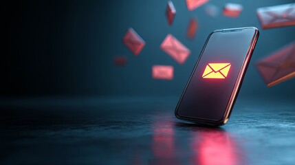 Urgent email notification on smartphone screen with floating message icons for fast communication and digital marketing promotions