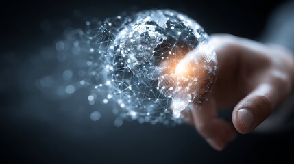 Global connectivity concept with hand holding vibrant digital world network, perfect for modern business and technology solutions