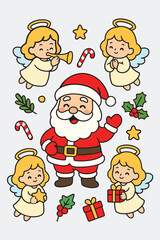 Charming collection of cute Santa Claus character illustrations for festive holiday designs, featuring jolly poses with gifts and joyful seasonal elements