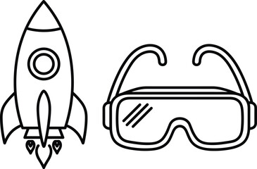 Rocket launch icon, safety goggles illustration, science and innovation symbols, space exploration graphic, protective eyewear vector design, technology concept elements