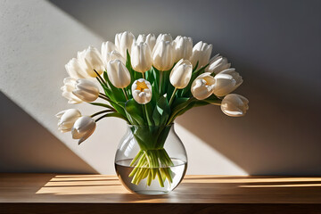 Elegant White Tulips Bouquet in Transparent Glass Vase with Green Stems Close Up