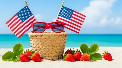 Patriotic beach picnic with strawberries sunglasses and american flags