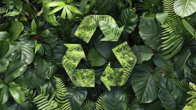 A green recycling emblem with a foliage pattern rests on a dense bed of tropical leaves and ferns