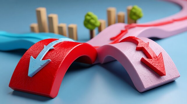 Dynamic 3D render of interconnected flow paths with arrows, symbolizing complex system interactions.