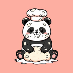 Cute Panda Baker Kneading Dough Vector Illustration