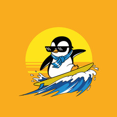 Cool Penguin Surfing on Yellow Board Vector Illustration