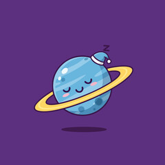 Cute Sleeping Blue Planet Wearing Nightcap Vector Illustration