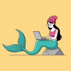 Modern Mermaid Working on Laptop Computer Vector Art