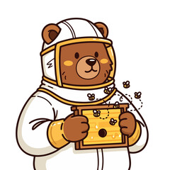 Cute Bear Beekeeper Mascot Holding Honeycomb Frame Vector Illustration