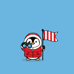 Cute Penguin Explorer Holding Flag and Binoculars Vector Art