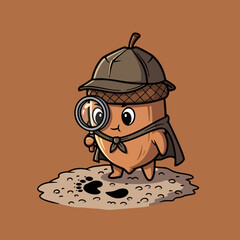 Cute Acorn Detective Holding Magnifying Glass Vector Illustration