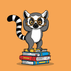 Smart Lemur Mascot Wearing Glasses Standing on Books Vector Art