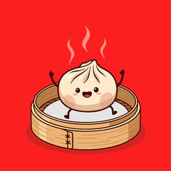 Cute Happy Dumpling in Steamer Basket Vector Illustration