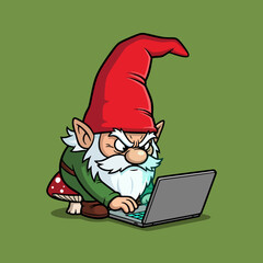 Angry Garden Gnome Typing on Laptop Computer Vector Illustration