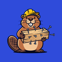 Beaver Construction Worker Holding Wooden Planks Vector Mascot
