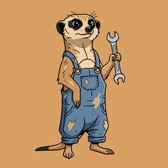 Cute Meerkat Mechanic Mascot Holding Wrench Vector Illustration