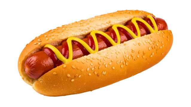 Classic hot dog in a sesame seed bun drizzled with yellow mustard and red ketchup