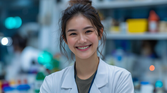 Smiling Female Scientist in Lab Conducting Medical Experiment: Young Caucasian Researcher in Laboratory with Microscopes and Safety Gear