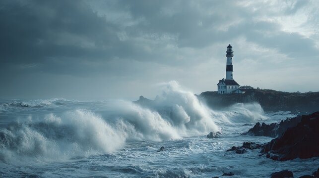 Dramatic ocean waves crashing against rocky shore with striking lighthouse on cliff under moody sky inspires awe and wonder - Powered by Adobe