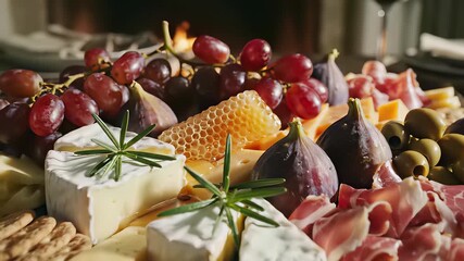 Savory cheese platter with crackers, grapes, figs, and meats artfully arranged on a rustic table, capturing the essence of convivial gatherings and elegant events where good food and company.