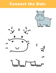 Dot to Dot Worksheet for Kids. Connect the dots to draw a cute hippopotamus. Illustration of hippopotamus. Coloring page.	