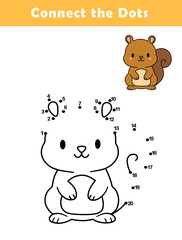Dot to Dot Worksheet for Kids. Connect the dots to draw a cute squirrel. Cute cartoon squirrel.