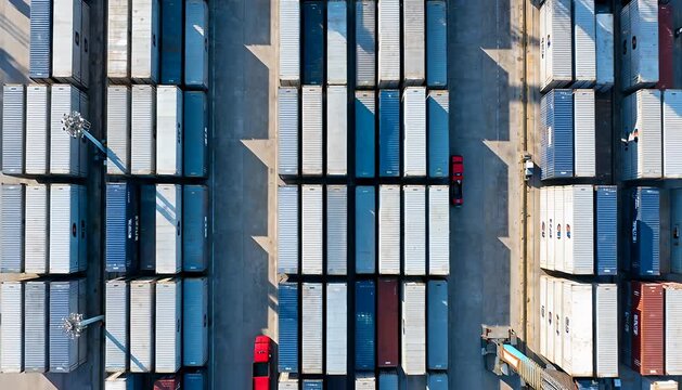 Aerial view of stacked cargo containers at a logistics hub, global shipping yard, container storage, drone.