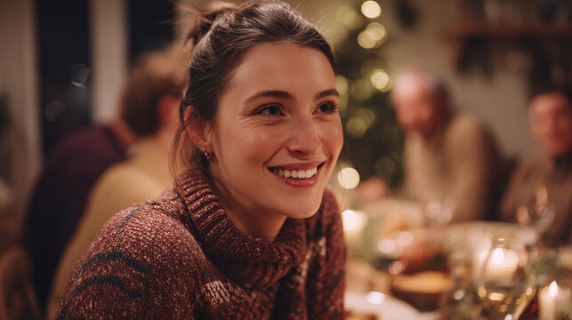 Smiling woman in sweater at a festive dinner with family and christmas tree in the background
