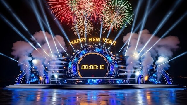 Countdown to a vibrant New Year's Eve celebration with brilliant fireworks, stage lights, and festive atmosphere for exciting event promotions