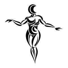 Stylized Female Figure with Moon Head in Tribal Tattoo Style.