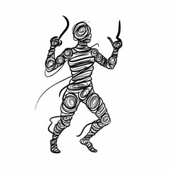 Stylized black and white drawing of a person wrapped in swirling lines holding two curved objects.