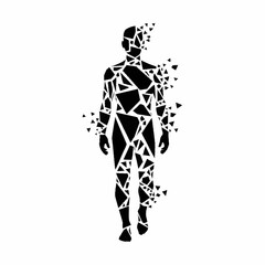 Abstract Human Figure Disintegrating into Geometric Shapes.