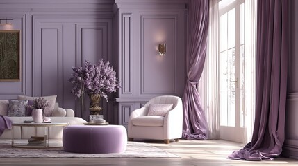 Elegant lavender living room with stylish decor for sophisticated modern living and interior design inspiration in serene home setting