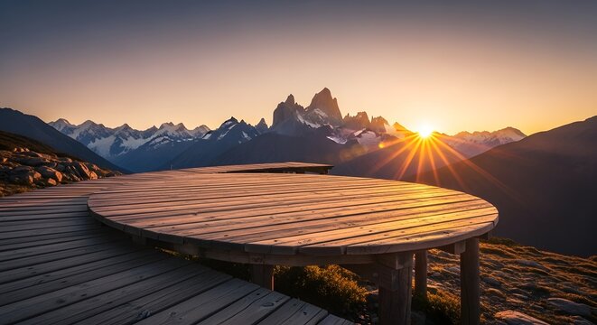A serene wooden deck overlooks majestic mountain peaks bathed in the warm glow of a breathtaking sunrise inviting contemplation and adventure