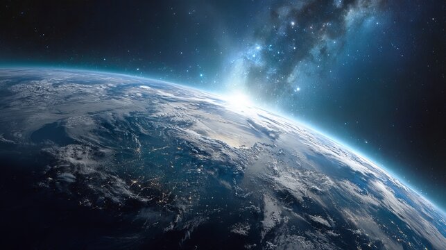 Stunning earth view from space with sun rising over the horizon and bright city lights below clouds for global business themes - Powered by Adobe