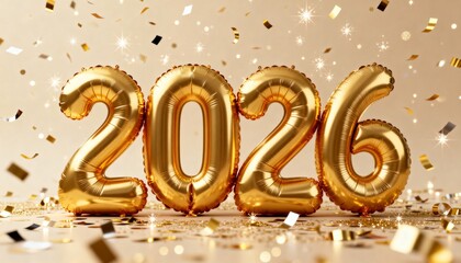 Golden foil balloons shine with '2026' against a backdrop of festive confetti; may the coming year sparkle with success and bring brilliant new beginnings.