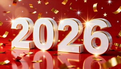 Golden '2026' signage sparkles amidst festive confetti and brilliant lights; may the New Year bring prosperity and bright beginnings for all your ventures.
