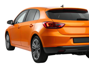 Rear three-quarter view of a bright orange, modern hatchback car