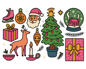Vector set of Christmas icons including Santa, snowman, tree, bell, gift box, candy, star, hat, and decoration for holiday illustration