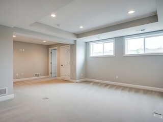 Empty finished basement room with windows