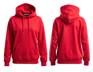 A vibrant red hooded sweatshirt displayed front and back, featuring a pocket and drawstrings